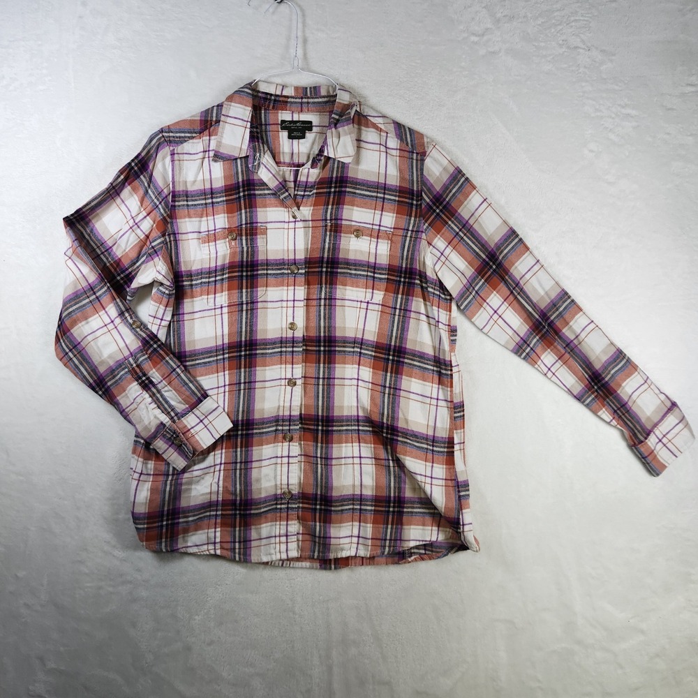 Eddie Bauer Womens Plaid Flannel Shirt Button Up Long Sleeve Top‎ Orange Purple
